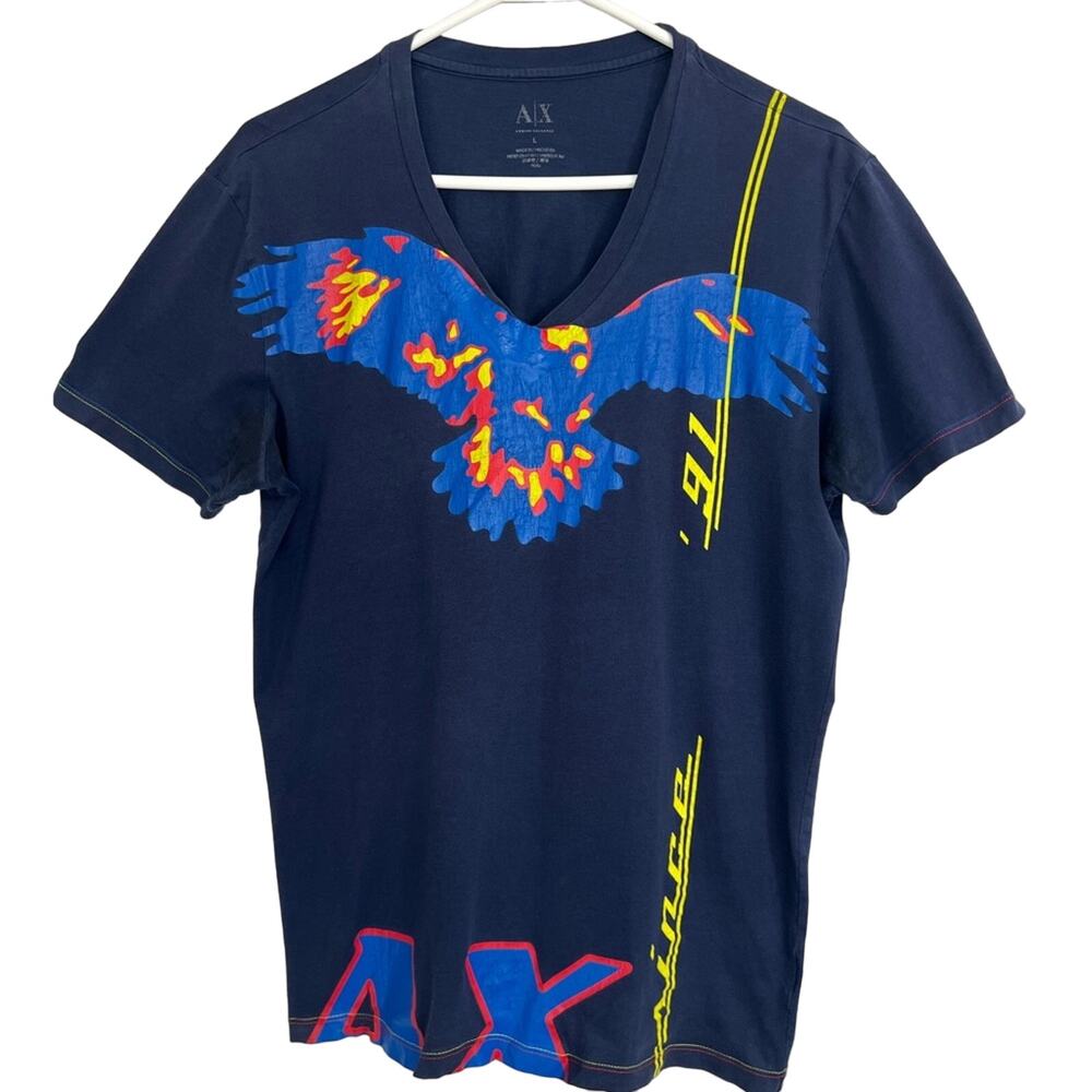 Armani Exchange A|X V Neck T Shirt Mens Large Navy Yellow All Over Print